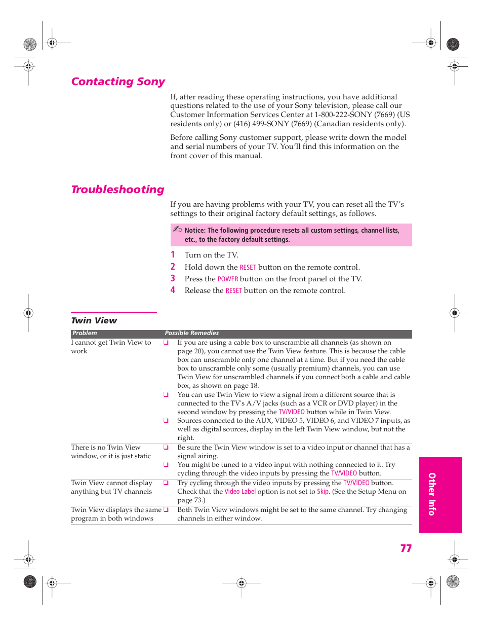 Contacting sony, Troubleshooting, Twin view | Contacting sony troubleshooting | Sony KP 46WT520 User Manual | Page 78 / 85