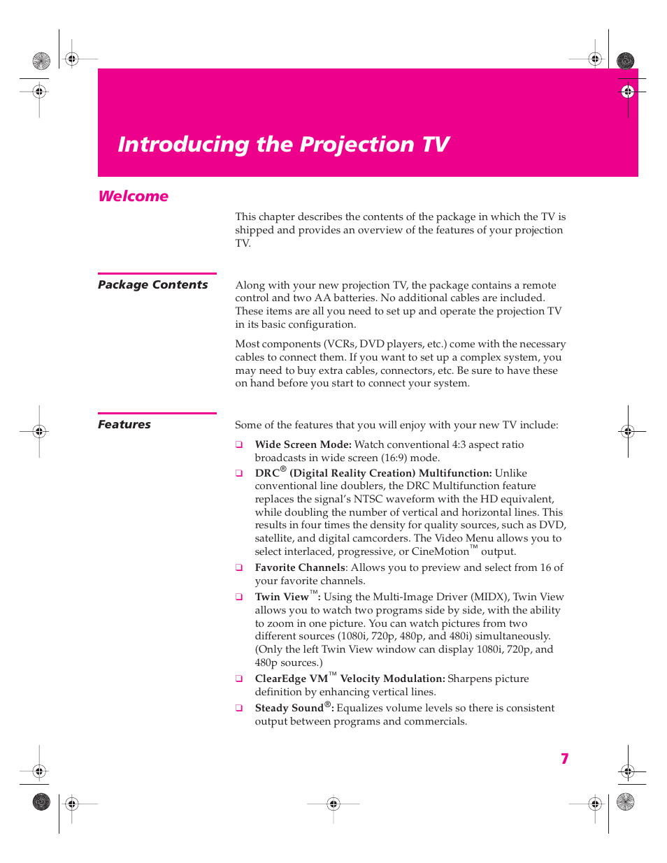 Introducing the projection tv, Welcome, Package contents | Features, Package contents features | Sony KP 46WT520 User Manual | Page 8 / 85