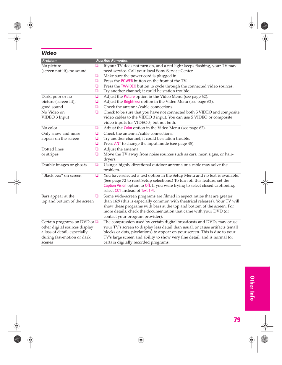 Video | Sony KP 46WT520 User Manual | Page 80 / 85