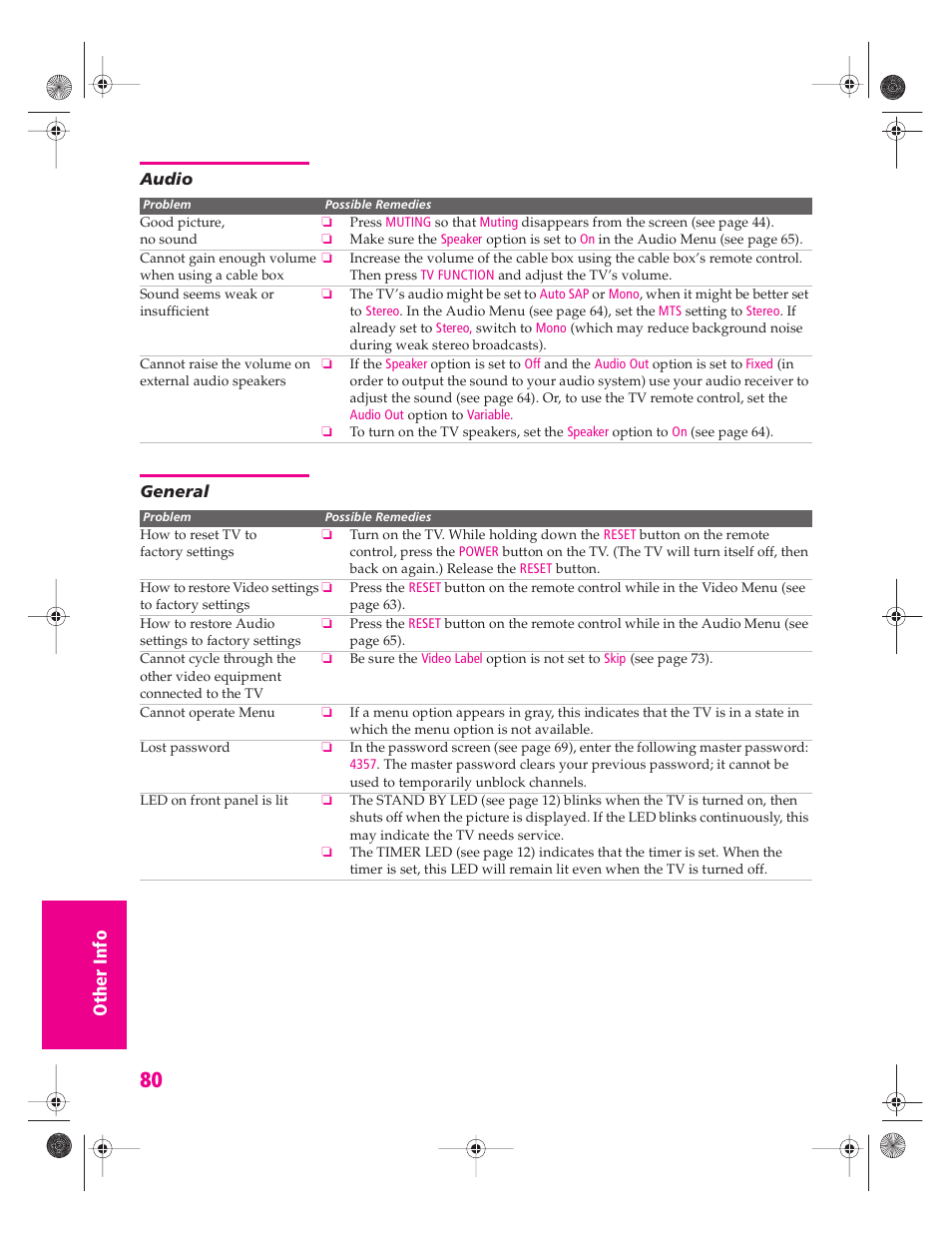 Audio, General | Sony KP 46WT520 User Manual | Page 81 / 85