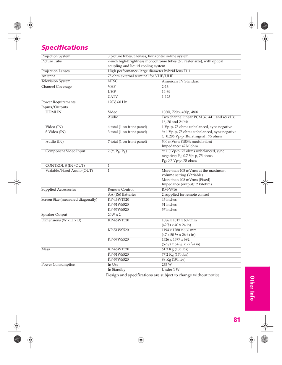 Specifications | Sony KP 46WT520 User Manual | Page 82 / 85
