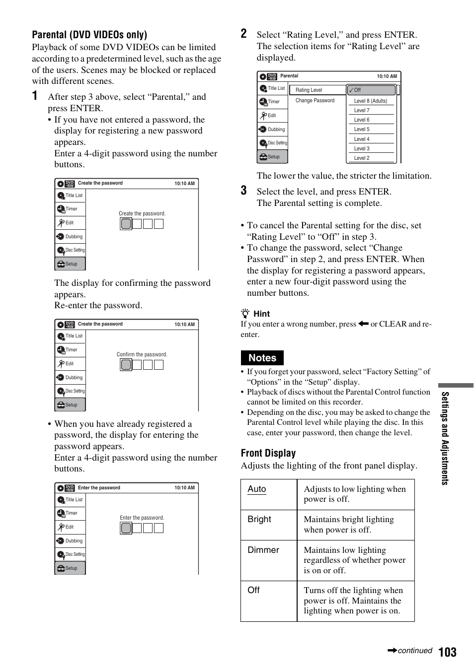 Parental (dvd videos only), Front display, Adjusts the lighting of the front panel display | Sony RDR-VX555 User Manual | Page 103 / 160