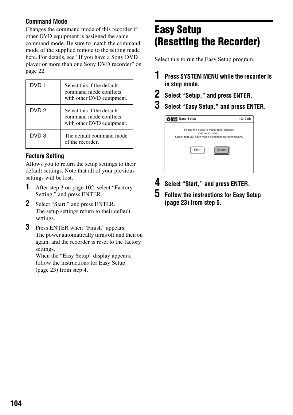 Easy setup (resetting the recorder) | Sony RDR-VX555 User Manual | Page 104 / 160