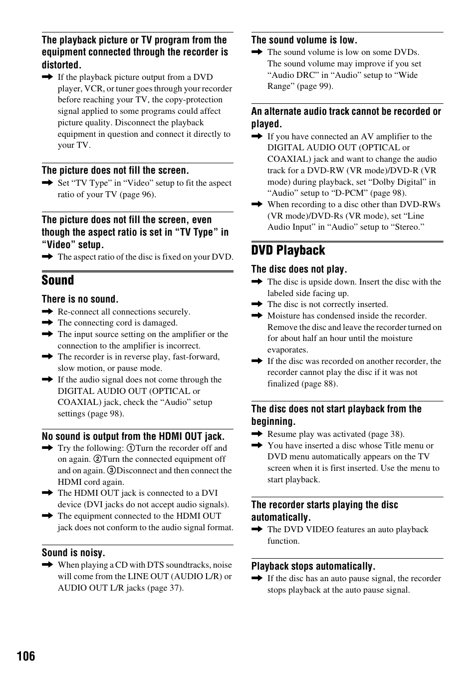 Sound, Dvd playback | Sony RDR-VX555 User Manual | Page 106 / 160