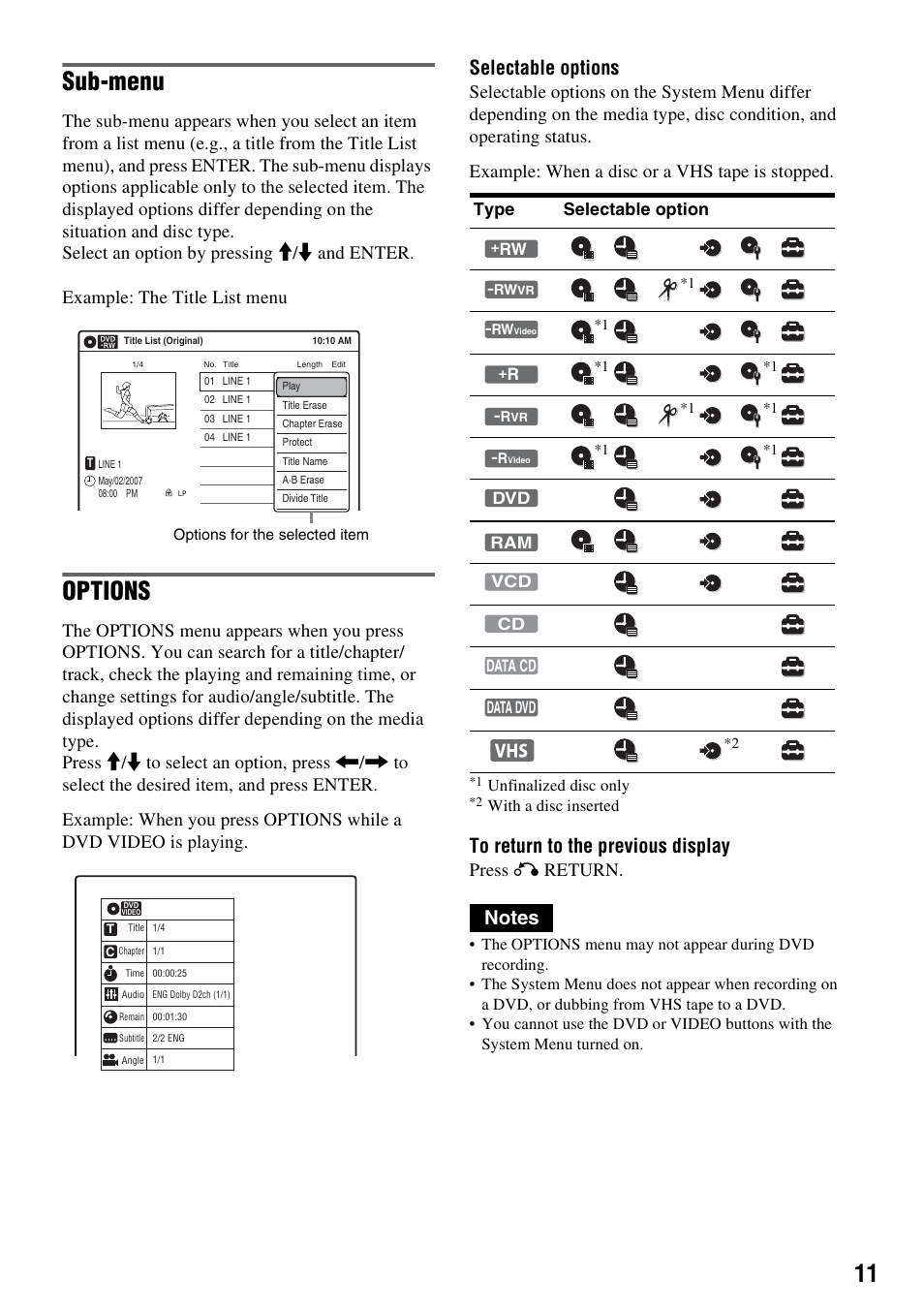 Sub-menu, Options, Selectable options | Press o return | Sony RDR-VX555 User Manual | Page 11 / 160