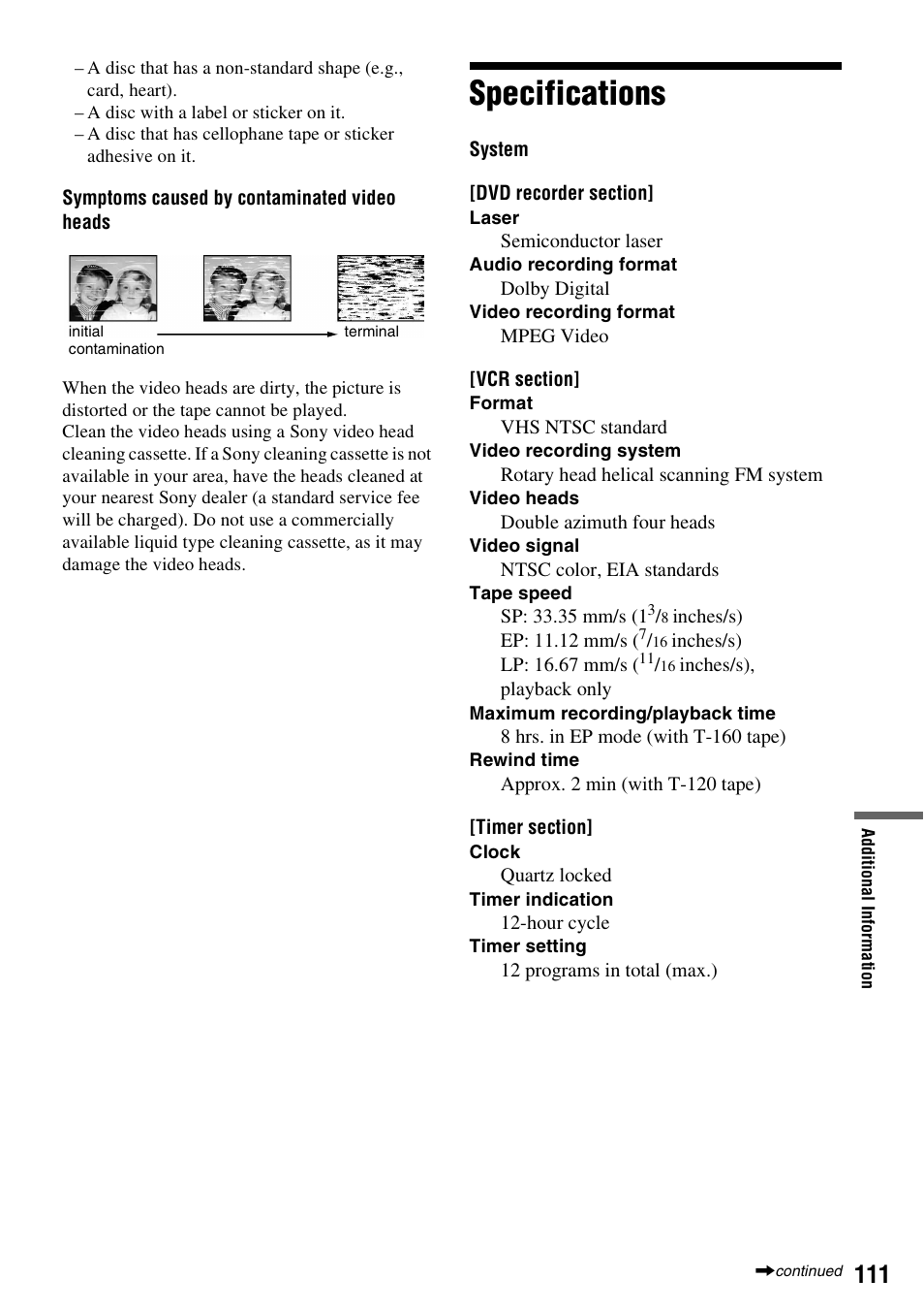 Specifications | Sony RDR-VX555 User Manual | Page 111 / 160