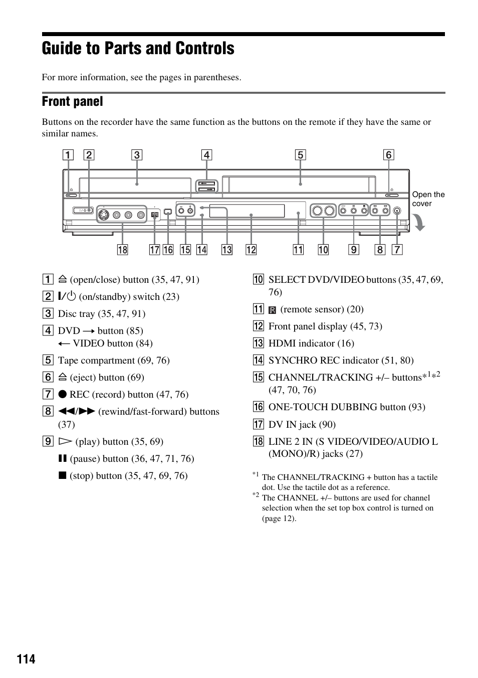 Guide to parts and controls, Front panel | Sony RDR-VX555 User Manual | Page 114 / 160