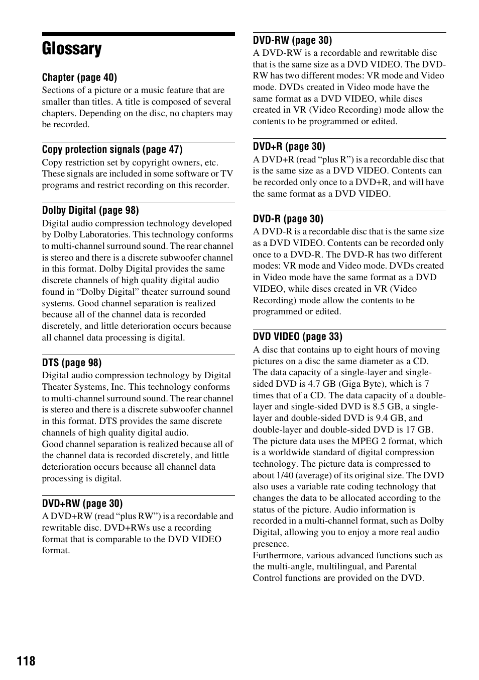 Glossary | Sony RDR-VX555 User Manual | Page 118 / 160
