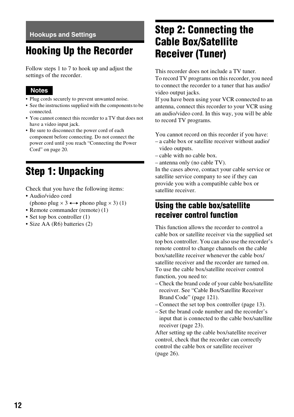 Hookups and settings, Hooking up the recorder, Step 1: unpacking | Sony RDR-VX555 User Manual | Page 12 / 160
