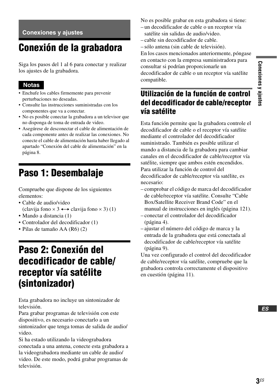 Conexiones y ajustes, Conexión de la grabadora, Paso 1: desembalaje | Sony RDR-VX555 User Manual | Page 129 / 160