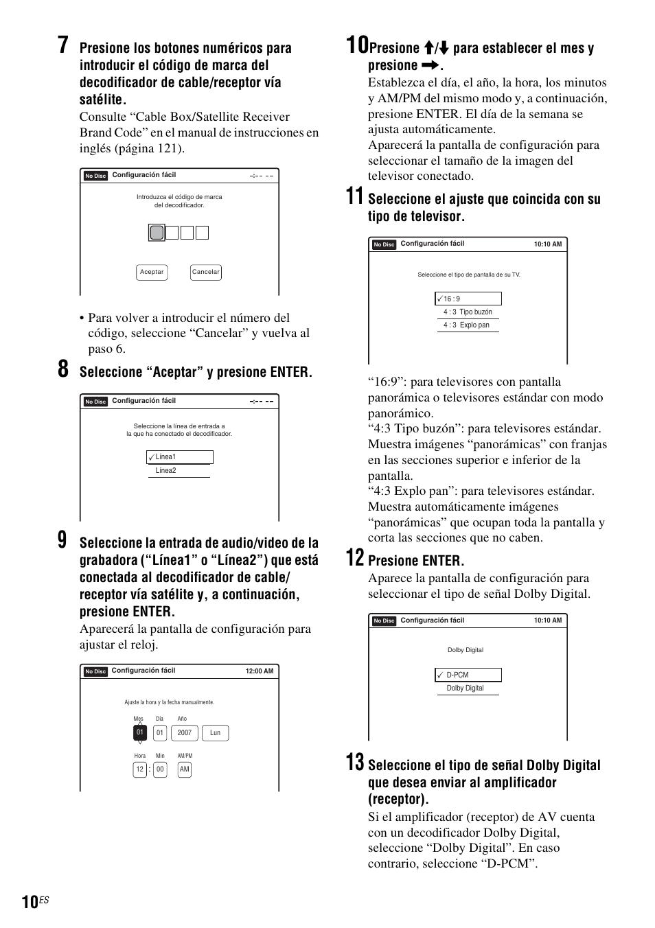 Seleccione “aceptar” y presione enter, Presione m / m para establecer el mes y presione, Presione enter | Sony RDR-VX555 User Manual | Page 136 / 160