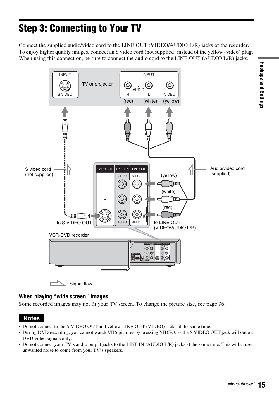 Step 3: connecting to your tv, When playing “wide screen” images, Hook ups and se tti n gs | Sony RDR-VX555 User Manual | Page 15 / 160