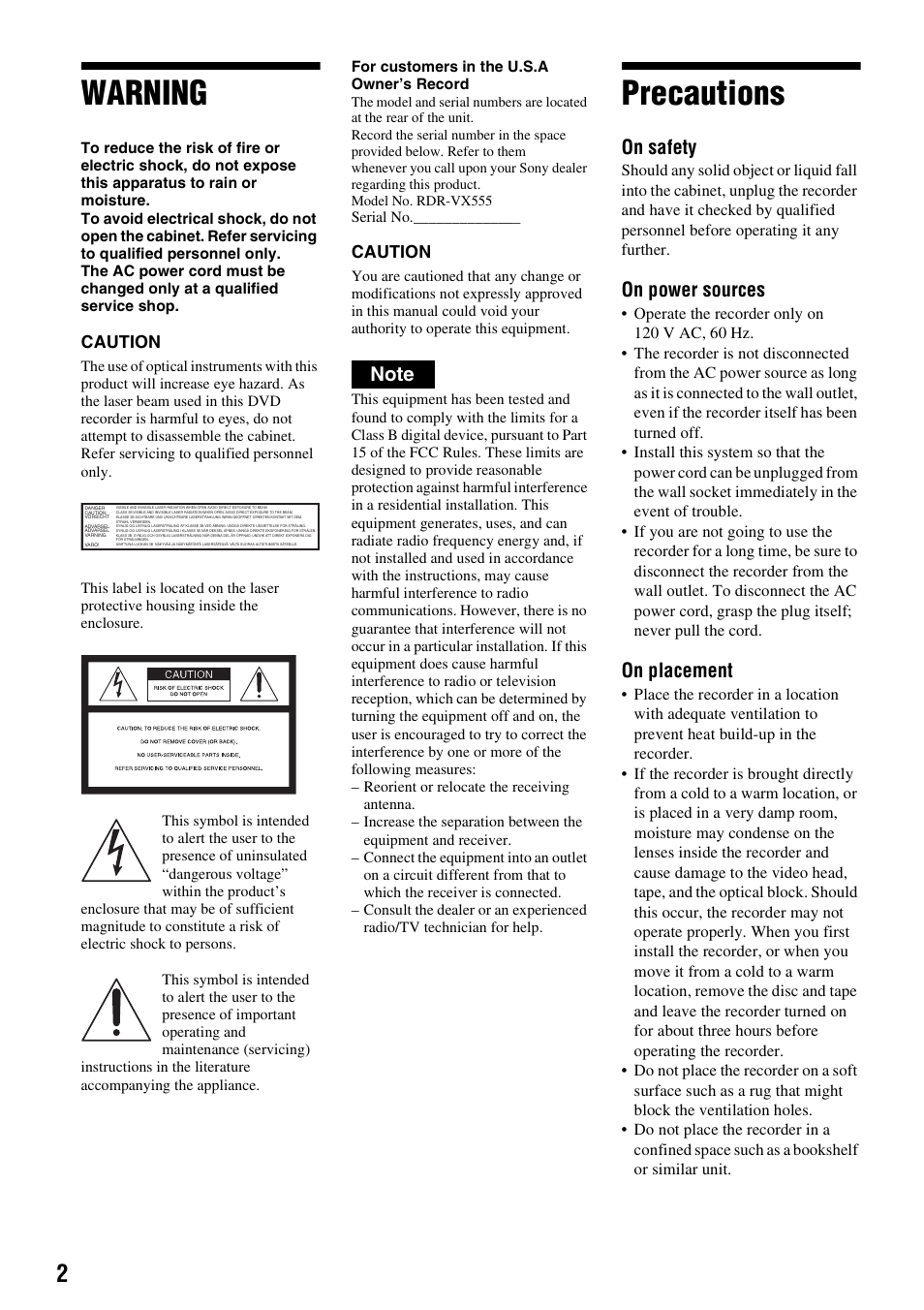 Warning, Precautions, On safety | On power sources, On placement | Sony RDR-VX555 User Manual | Page 2 / 160