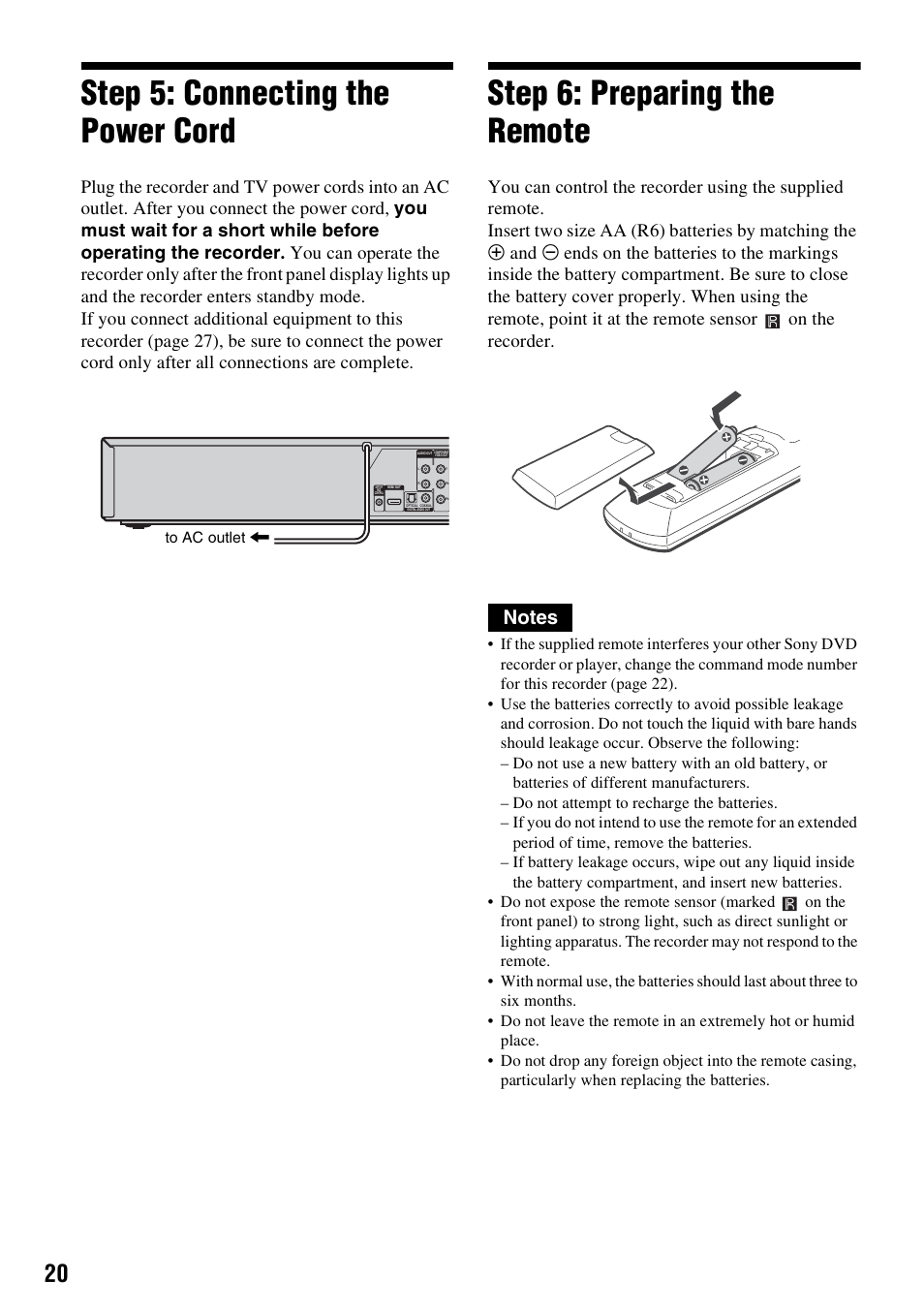 Step 5: connecting the power cord, Step 6: preparing the remote | Sony RDR-VX555 User Manual | Page 20 / 160