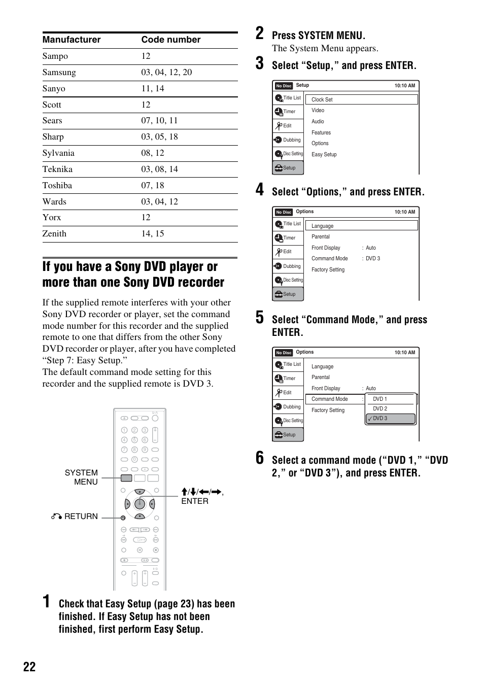 Press system menu, Select “setup,” and press enter, Select “options,” and press enter | Select “command mode,” and press enter, The system menu appears | Sony RDR-VX555 User Manual | Page 22 / 160