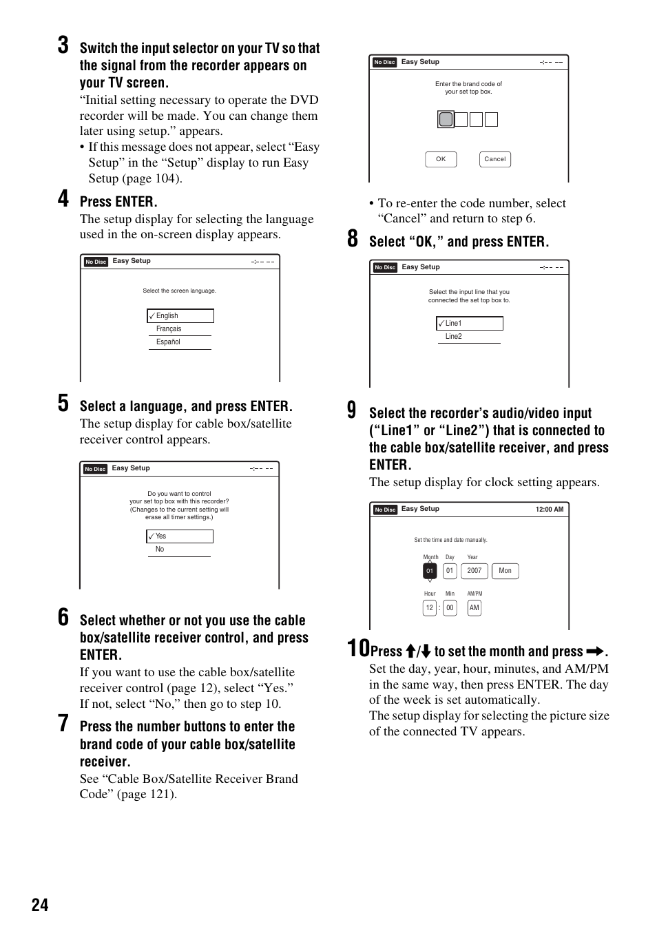 Press enter, Select a language, and press enter, Select “ok,” and press enter | Press m / m to set the month and press, The setup display for clock setting appears | Sony RDR-VX555 User Manual | Page 24 / 160