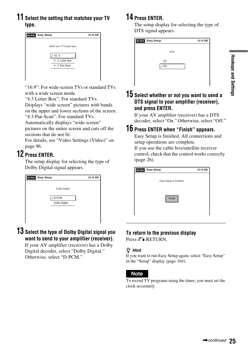 Select the setting that matches your tv type, Press enter, Press enter when “finish” appears | Sony RDR-VX555 User Manual | Page 25 / 160