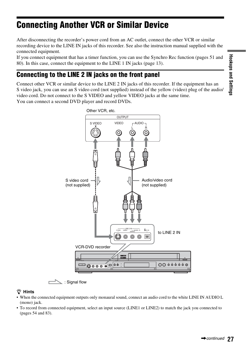 Connecting another vcr or similar device | Sony RDR-VX555 User Manual | Page 27 / 160