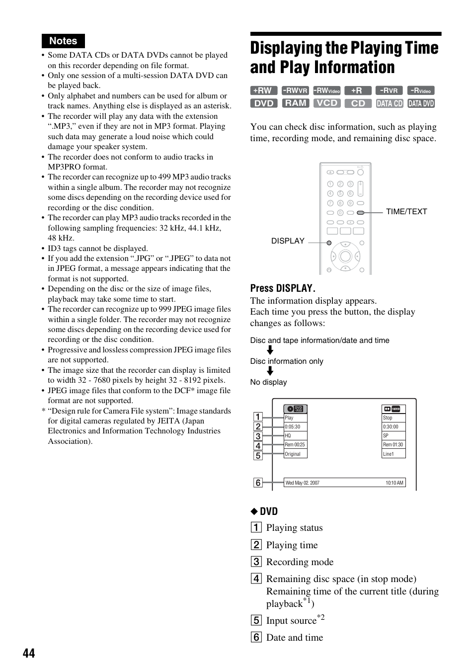 Displaying the playing time and play information, Press display, E input source | F date and time | Sony RDR-VX555 User Manual | Page 44 / 160