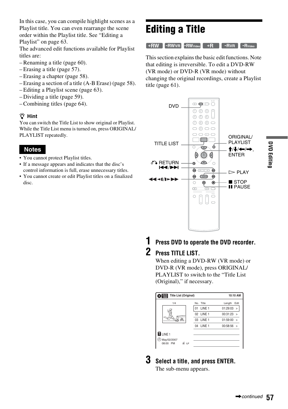 Editing a title, Press dvd to operate the dvd recorder, Press title list | Select a title, and press enter, The sub-menu appears | Sony RDR-VX555 User Manual | Page 57 / 160