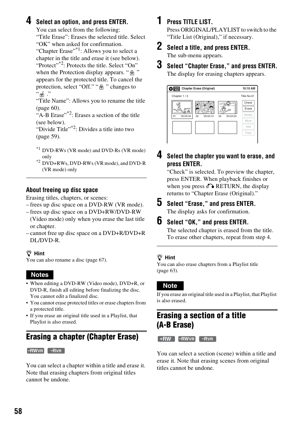 Erasing a chapter (chapter erase) | Sony RDR-VX555 User Manual | Page 58 / 160
