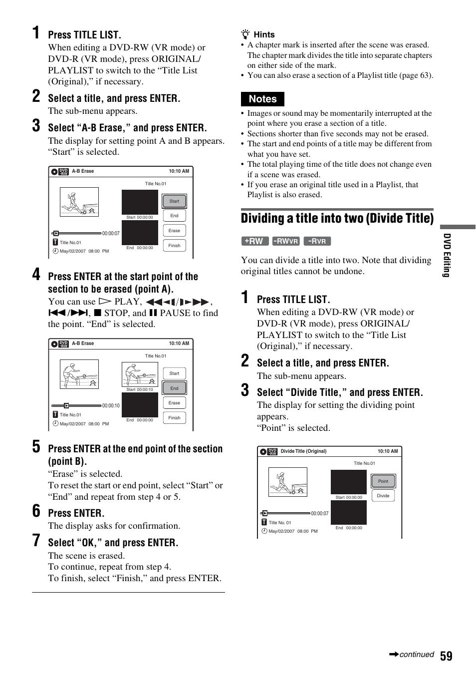 Dividing a title into two (divide title), Press title list, Select a title, and press enter | Select “a-b erase,” and press enter, Press enter, Select “ok,” and press enter, Select “divide title,” and press enter | Sony RDR-VX555 User Manual | Page 59 / 160