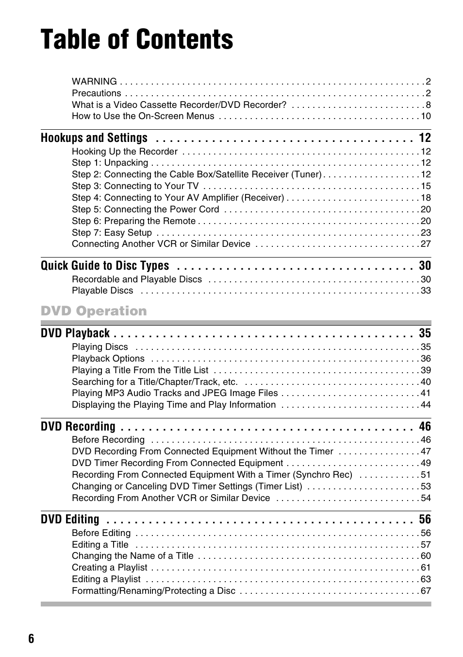 Sony RDR-VX555 User Manual | Page 6 / 160