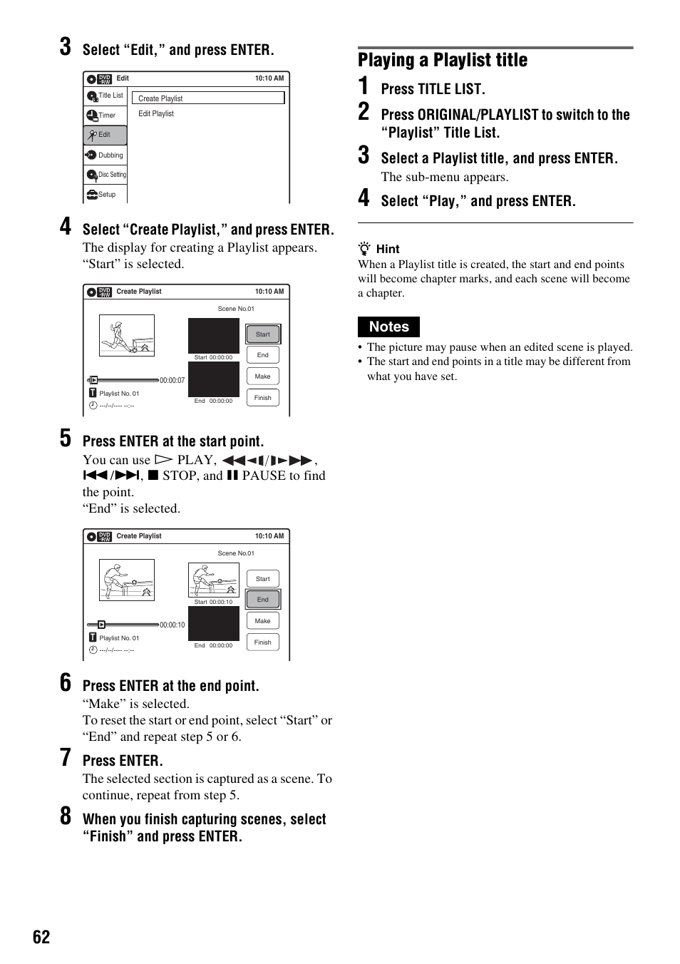 Playing a playlist title, Select “edit,” and press enter, Select “create playlist,” and press enter | Press enter at the start point, Press enter at the end point, Press enter, Press title list, Select a playlist title, and press enter, Select “play,” and press enter | Sony RDR-VX555 User Manual | Page 62 / 160