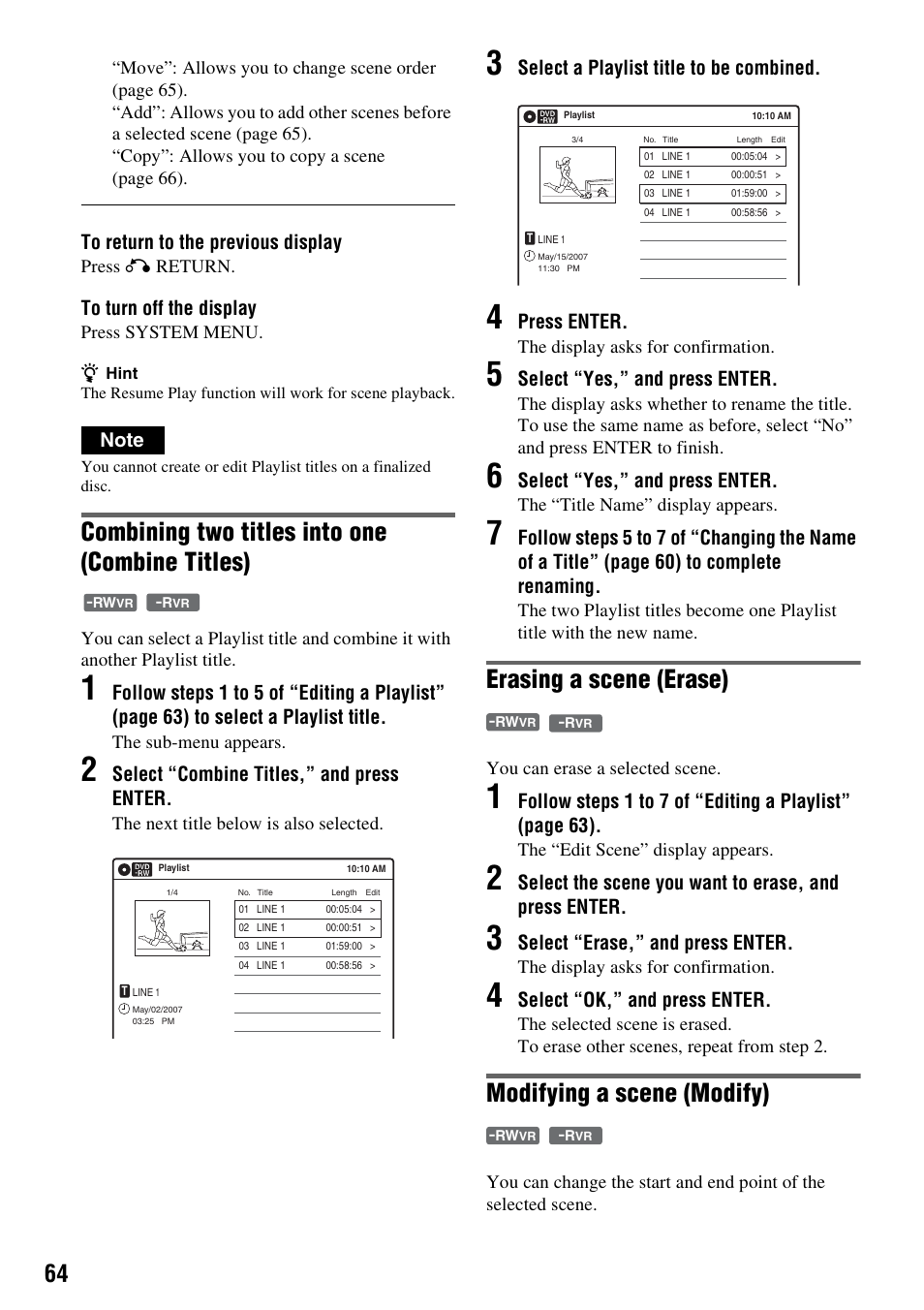 Combining two titles into one (combine titles), Erasing a scene (erase), Modifying a scene (modify) | Select “combine titles,” and press enter, Select a playlist title to be combined, Press enter, Select “yes,” and press enter, Select “erase,” and press enter, Select “ok,” and press enter | Sony RDR-VX555 User Manual | Page 64 / 160