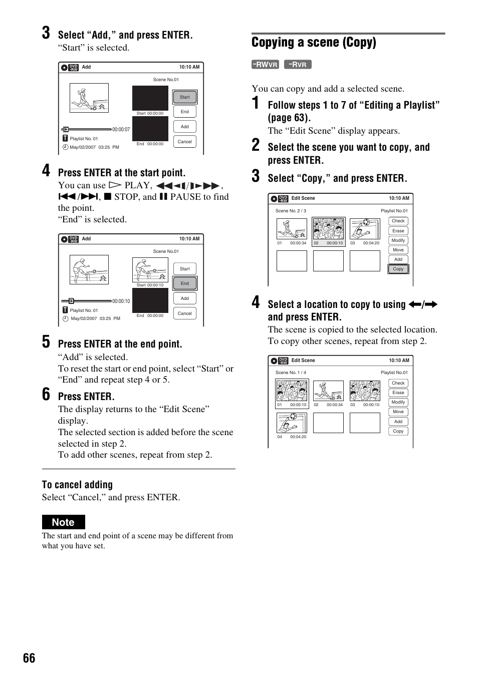 Copying a scene (copy), Select “add,” and press enter, Press enter at the start point | Press enter at the end point, Press enter, Select the scene you want to copy, and press enter, Select “copy,” and press enter, Start” is selected, Select “cancel,” and press enter, You can copy and add a selected scene | Sony RDR-VX555 User Manual | Page 66 / 160