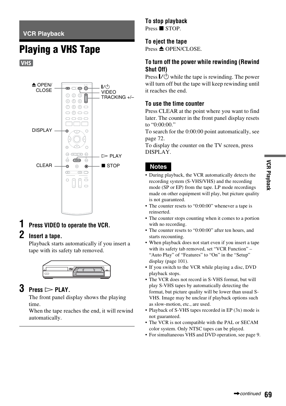 Vcr playback, Playing a vhs tape, Playing a vhs tape 1 | Press video to operate the vcr, Insert a tape, Press h play | Sony RDR-VX555 User Manual | Page 69 / 160