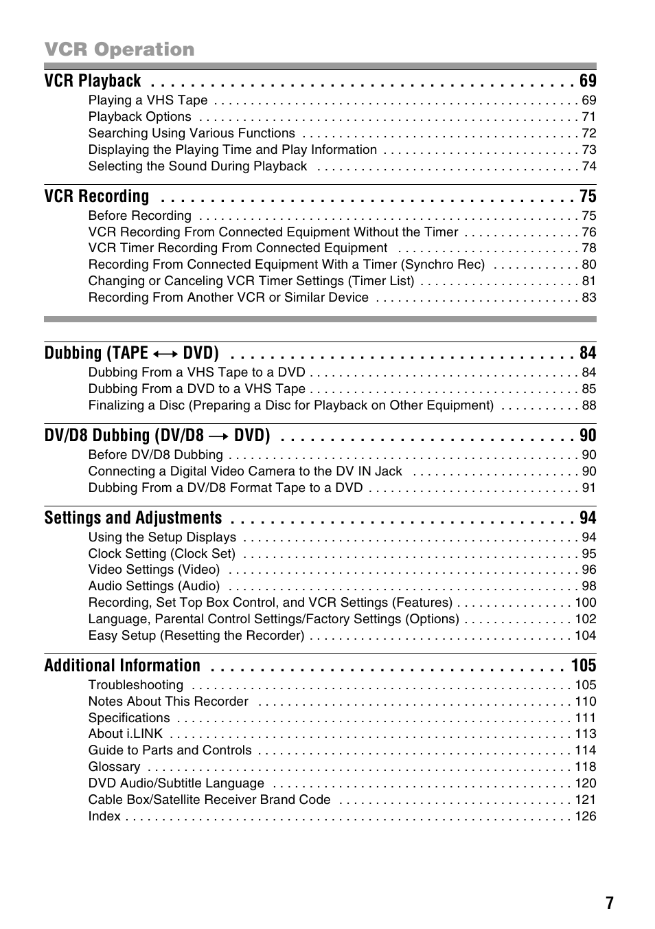 Vcr operation | Sony RDR-VX555 User Manual | Page 7 / 160