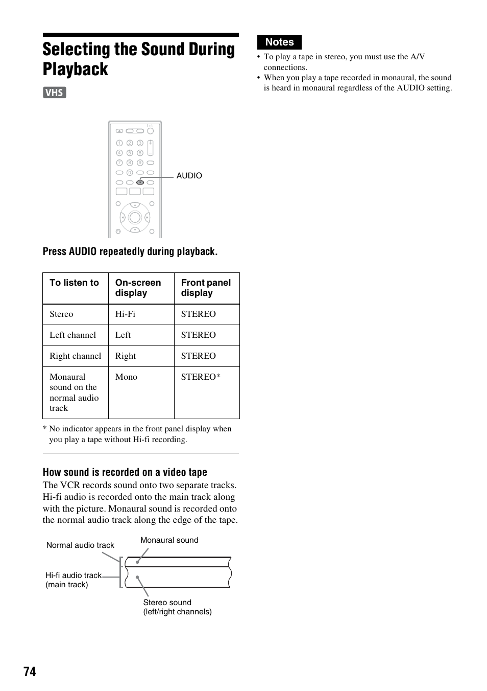 Selecting the sound during playback, Press audio repeatedly during playback, How sound is recorded on a video tape | Sony RDR-VX555 User Manual | Page 74 / 160