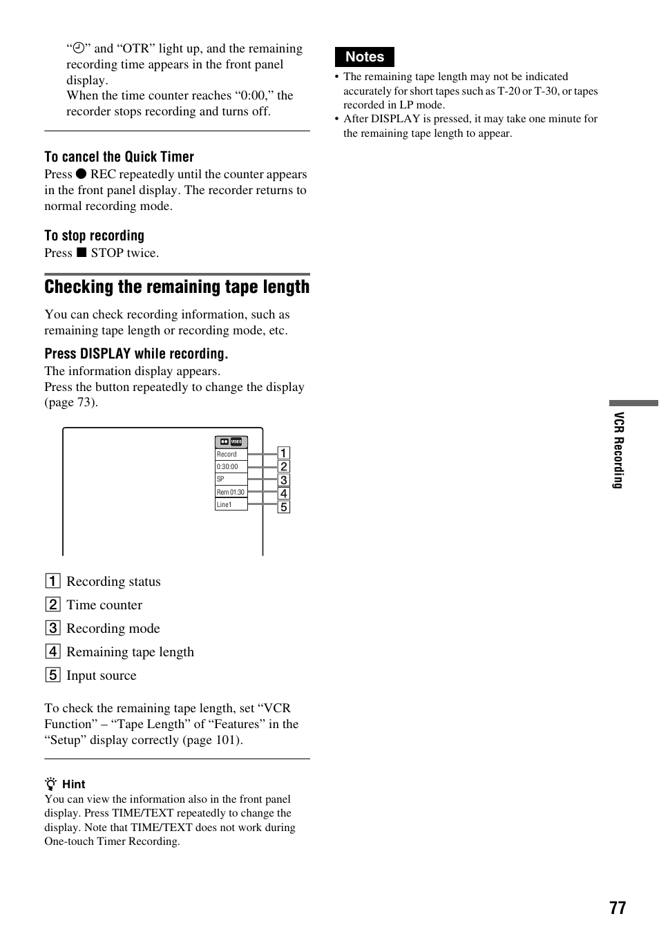 Checking the remaining tape length | Sony RDR-VX555 User Manual | Page 77 / 160