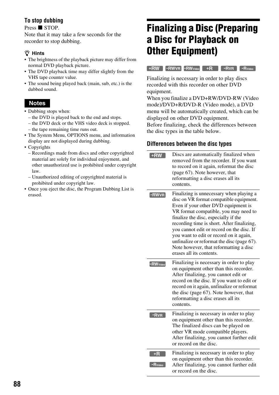 Differences between the disc types | Sony RDR-VX555 User Manual | Page 88 / 160
