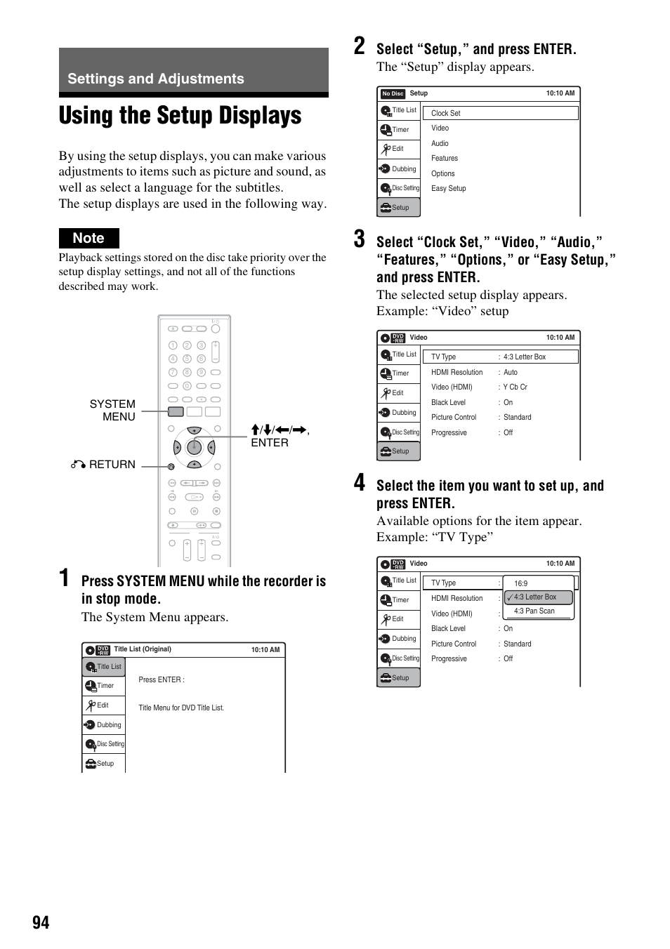 Settings and adjustments, Using the setup displays, Select “setup,” and press enter | The system menu appears, The “setup” display appears | Sony RDR-VX555 User Manual | Page 94 / 160