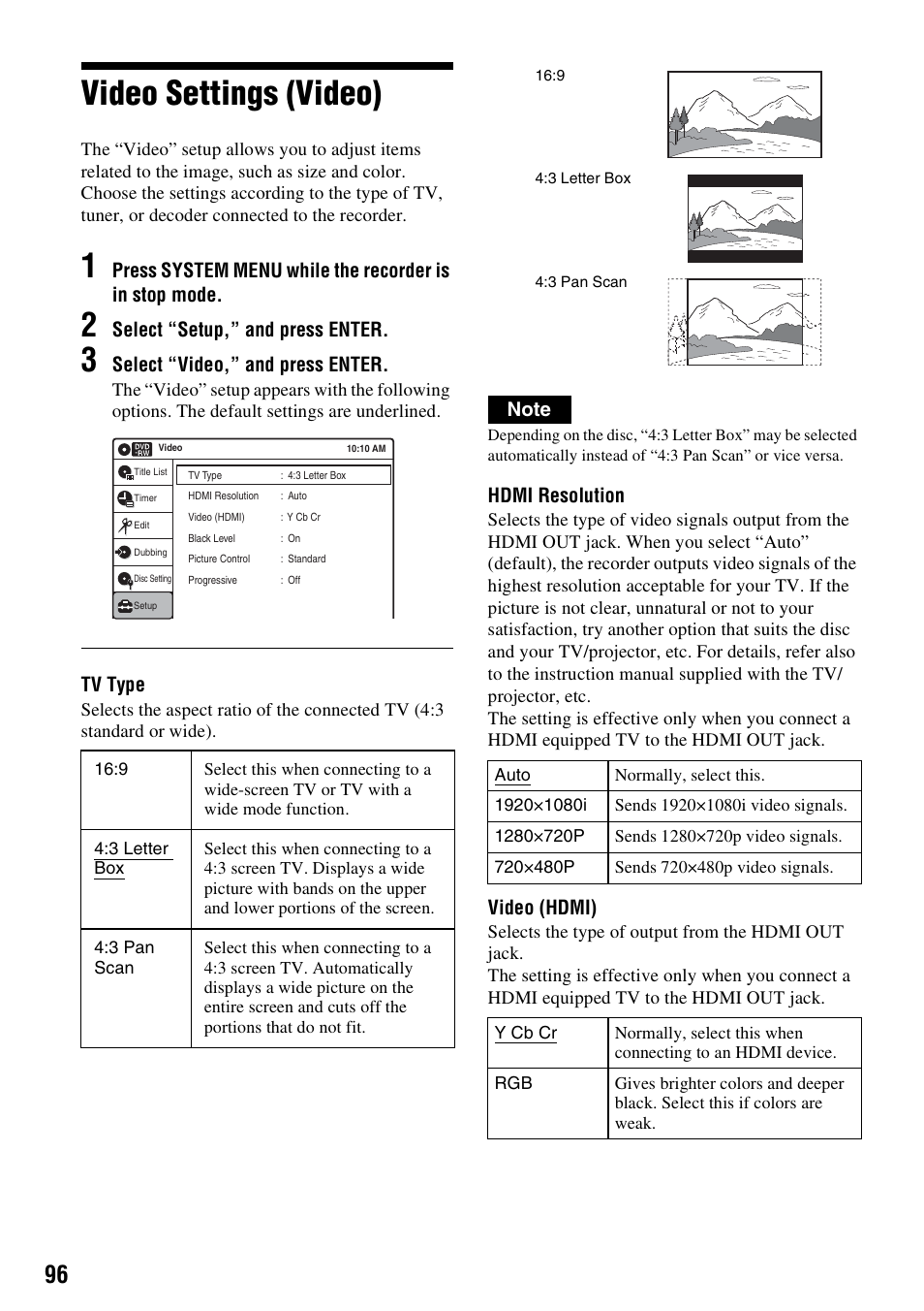 Video settings (video), Select “setup,” and press enter, Select “video,” and press enter | Tv type, Hdmi resolution, Video (hdmi) | Sony RDR-VX555 User Manual | Page 96 / 160