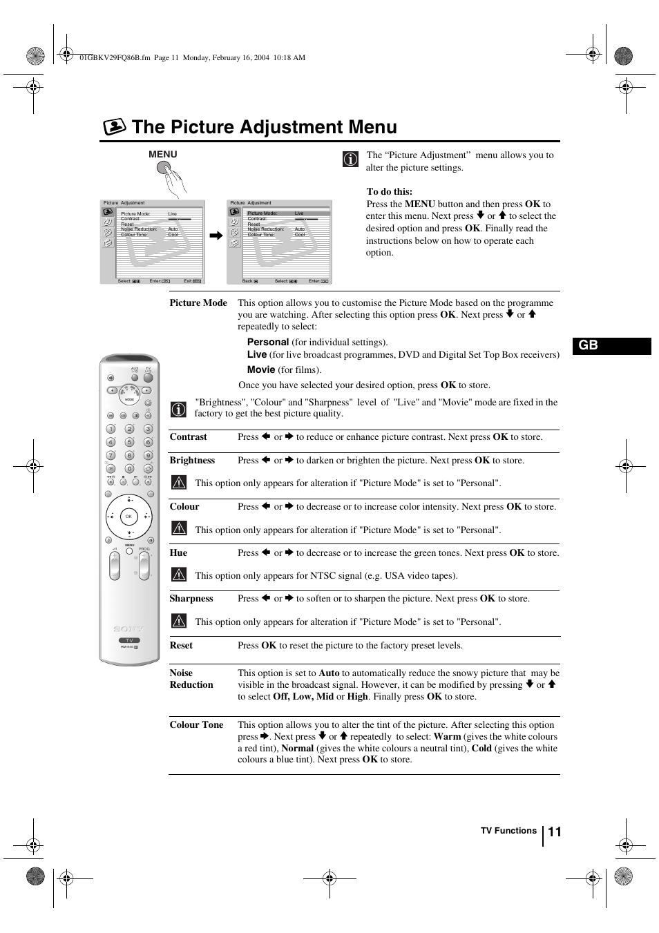 The picture adjustment menu, 11 gb | Sony FD Trinitron WEGA KV-32FQ86B User Manual | Page 11 / 32