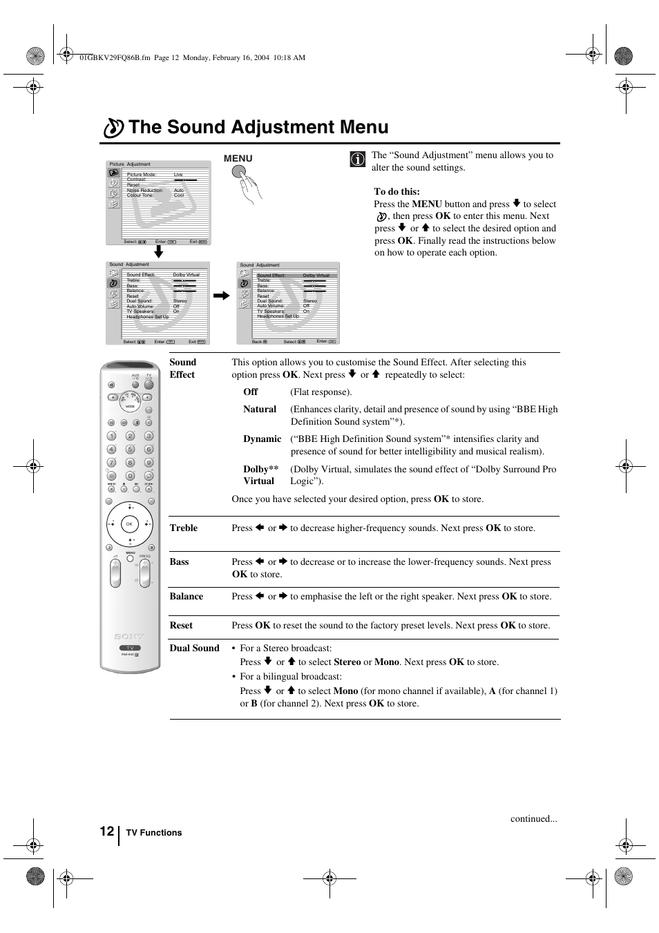 The sound adjustment menu | Sony FD Trinitron WEGA KV-32FQ86B User Manual | Page 12 / 32