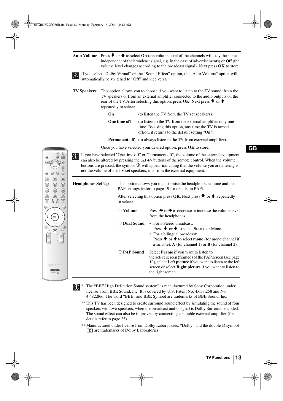 13 gb | Sony FD Trinitron WEGA KV-32FQ86B User Manual | Page 13 / 32
