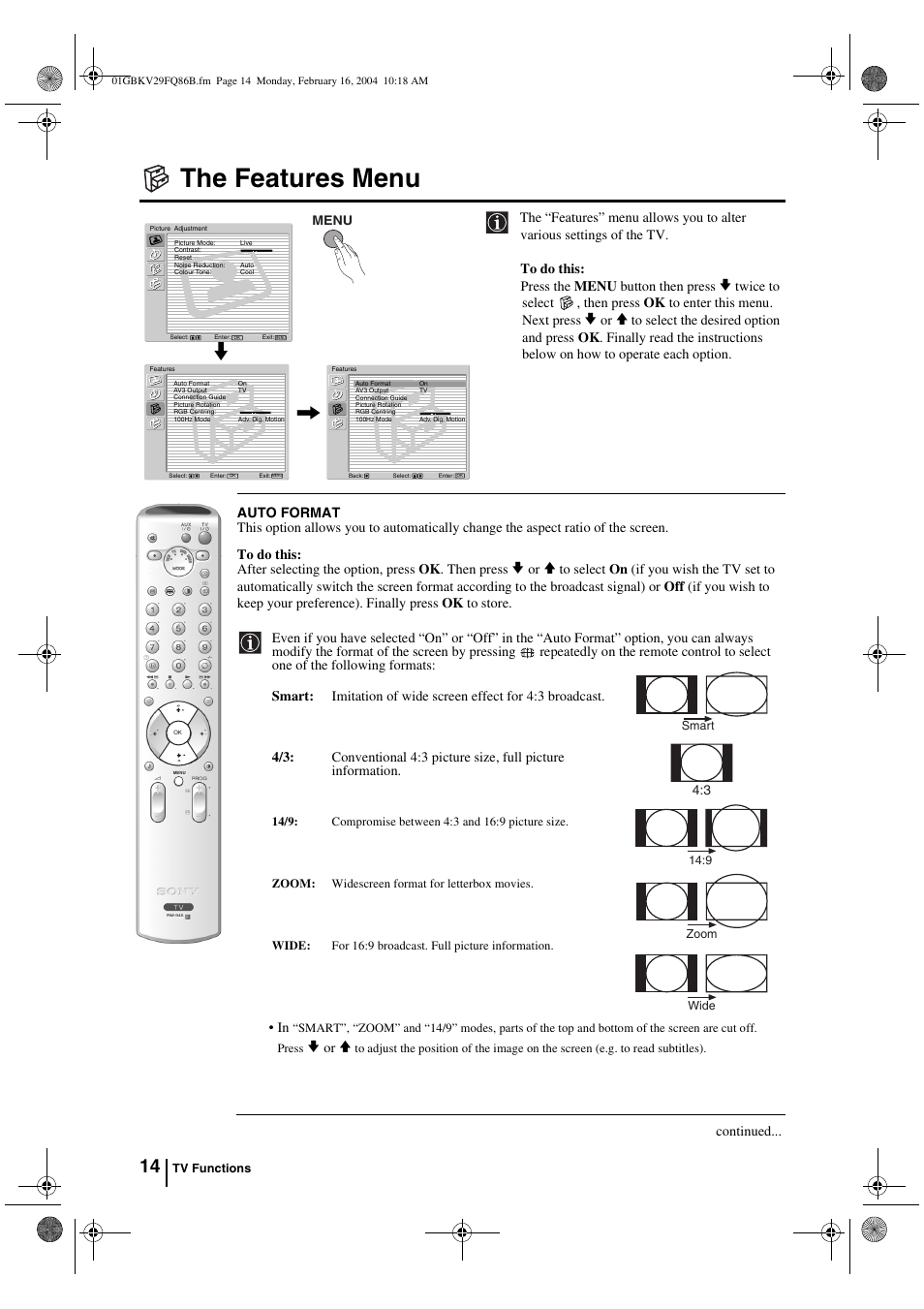 The features menu | Sony FD Trinitron WEGA KV-32FQ86B User Manual | Page 14 / 32