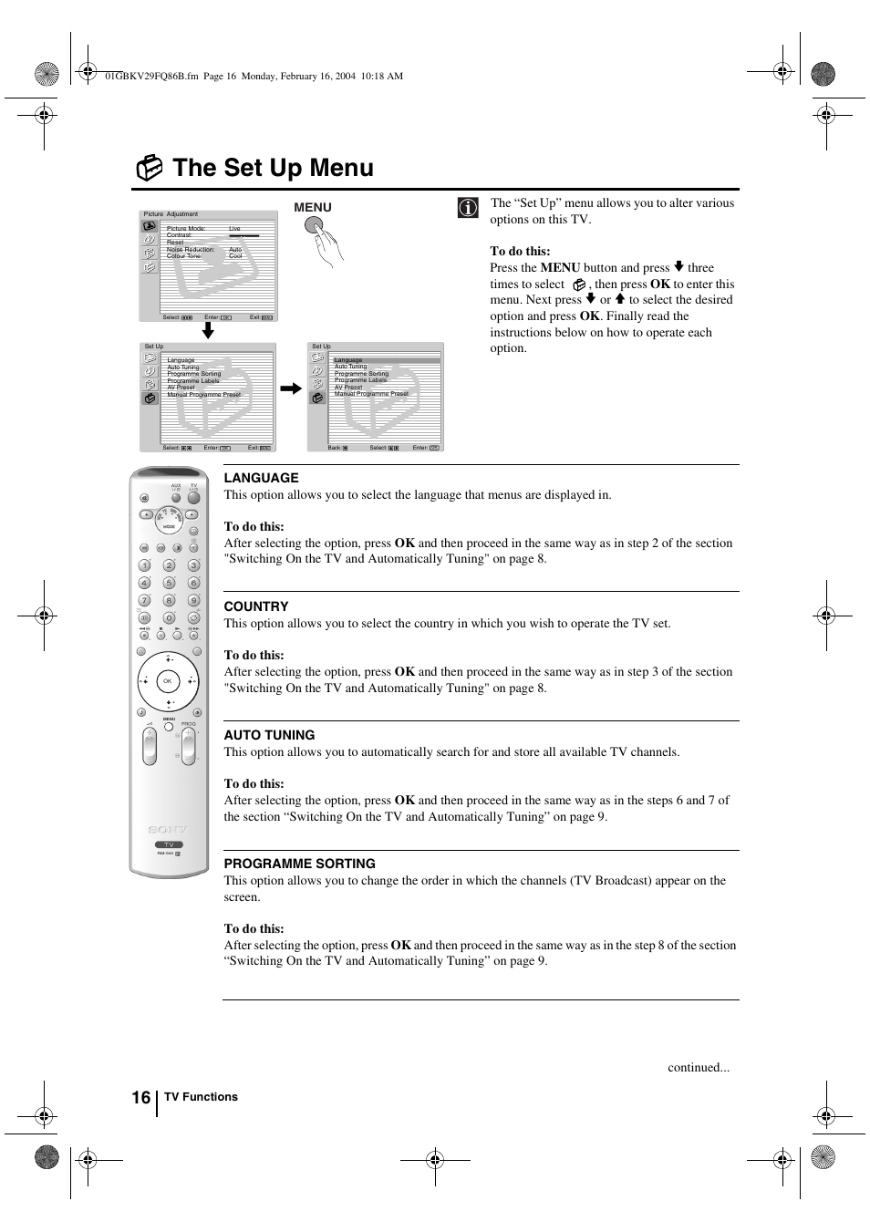 The set up menu, Continued | Sony FD Trinitron WEGA KV-32FQ86B User Manual | Page 16 / 32