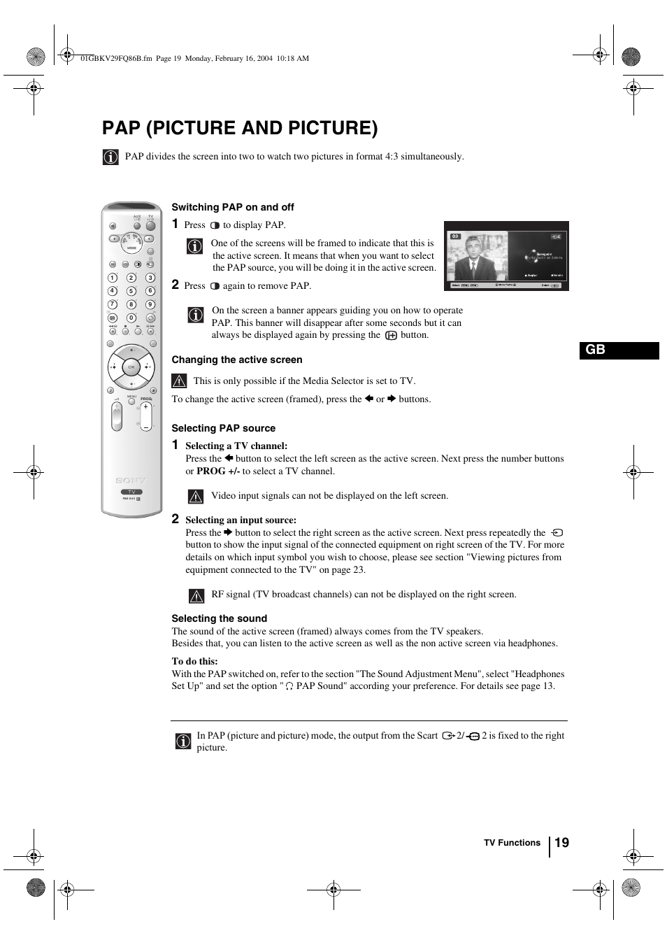 Pap (picture and picture), 19 gb | Sony FD Trinitron WEGA KV-32FQ86B User Manual | Page 19 / 32