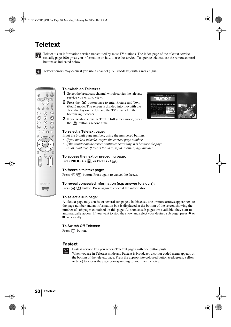 Teletext, Fastext | Sony FD Trinitron WEGA KV-32FQ86B User Manual | Page 20 / 32