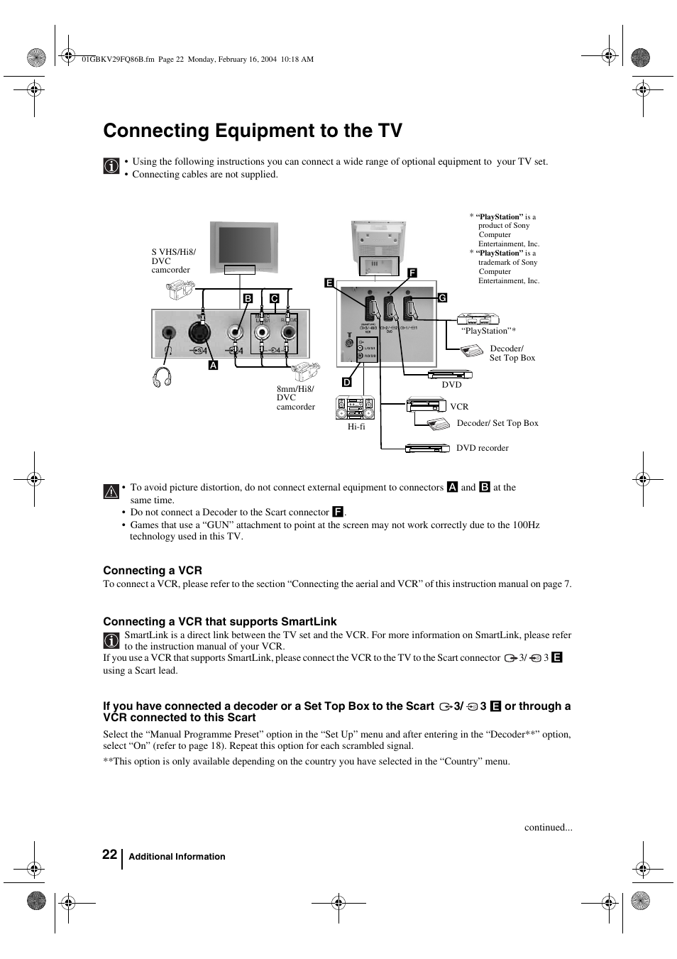Connecting equipment to the tv | Sony FD Trinitron WEGA KV-32FQ86B User Manual | Page 22 / 32