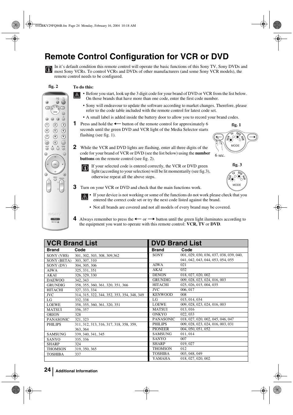 Remote control configuration for vcr or dvd, Vcr brand list dvd brand list | Sony FD Trinitron WEGA KV-32FQ86B User Manual | Page 24 / 32