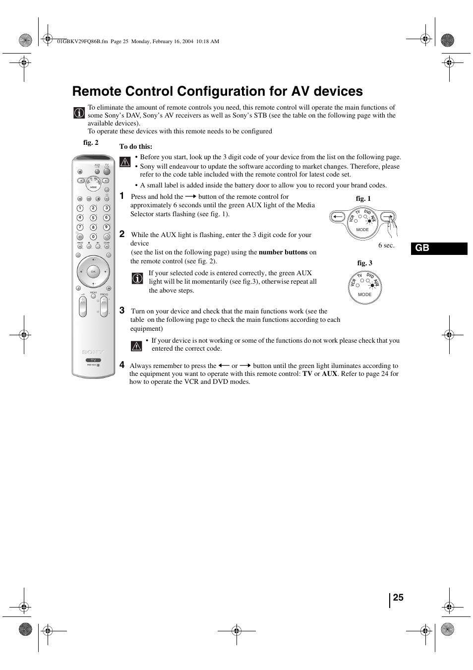 Remote control configuration for av devices, 25 gb | Sony FD Trinitron WEGA KV-32FQ86B User Manual | Page 25 / 32