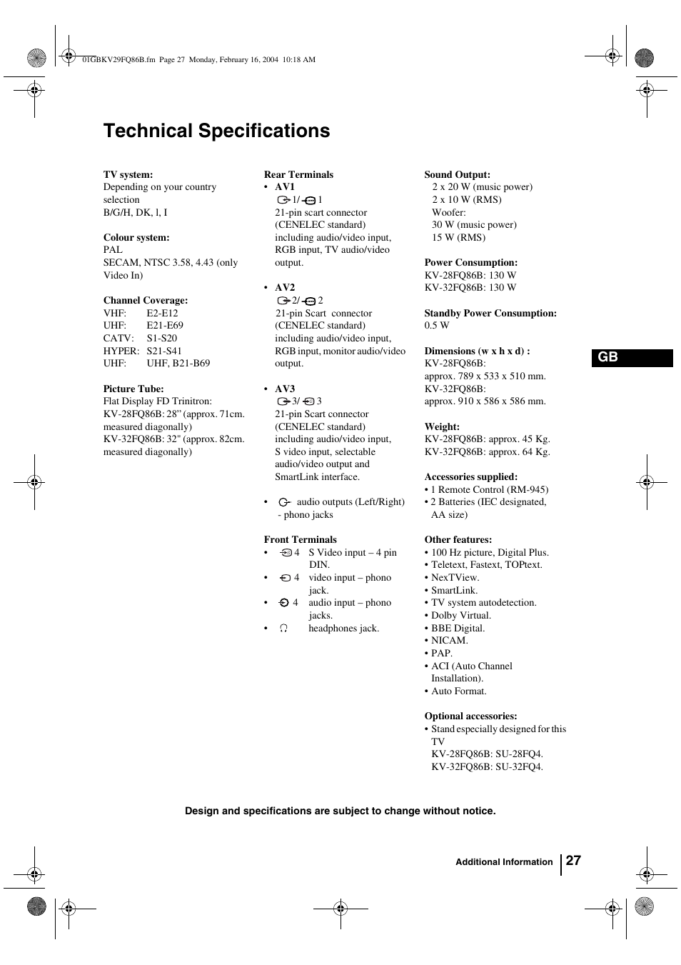 Technical specifications, 27 gb | Sony FD Trinitron WEGA KV-32FQ86B User Manual | Page 27 / 32