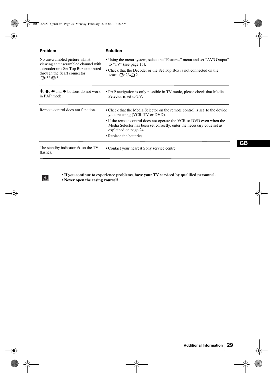29 gb | Sony FD Trinitron WEGA KV-32FQ86B User Manual | Page 29 / 32