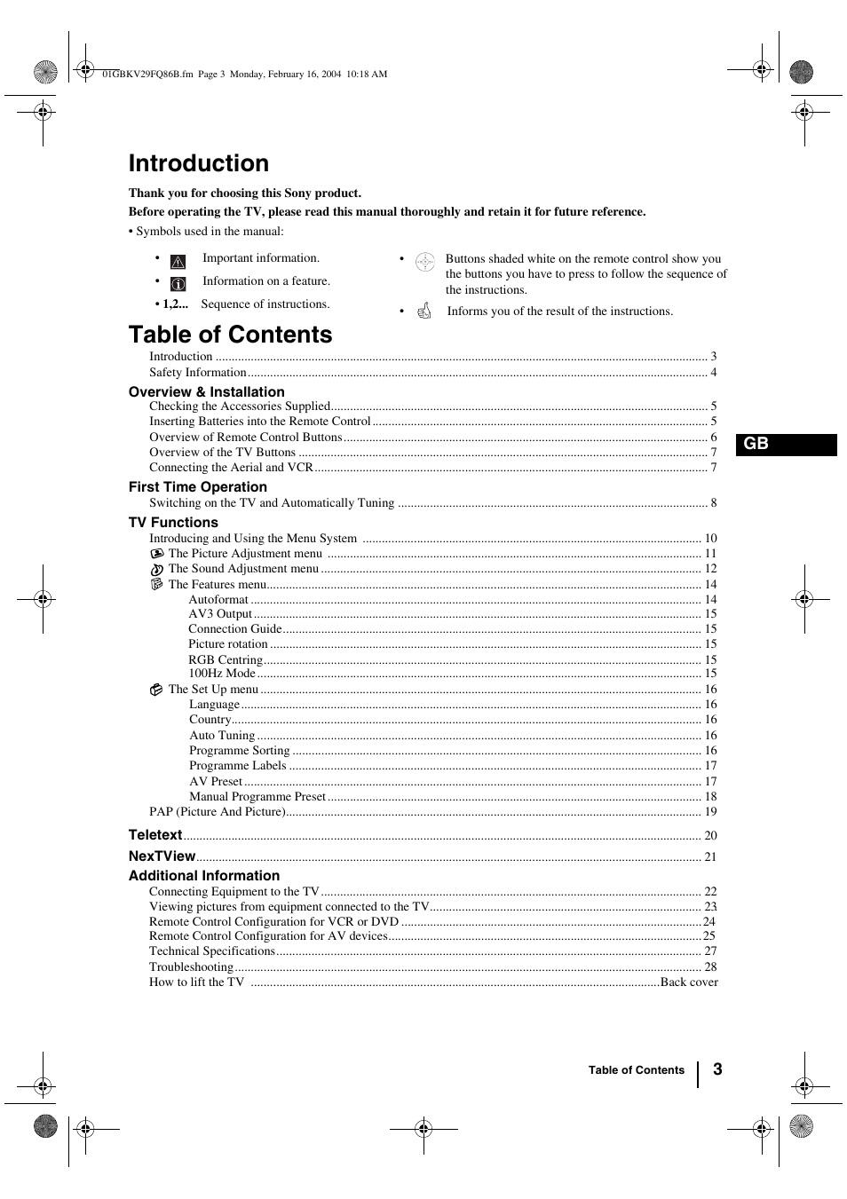 Sony FD Trinitron WEGA KV-32FQ86B User Manual | Page 3 / 32